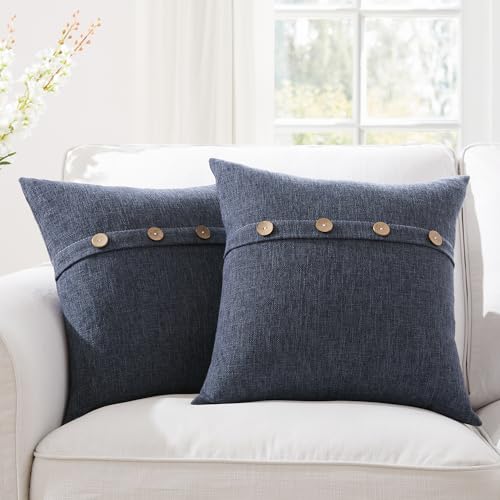 Meekio Set of 2 Navy Pillow Covers 20 x 20 Inches Farmhouse Pillow Covers with Coconut Buttons for Sofa Couch Living Room Bedroom Farmhouse D??cor for The Home