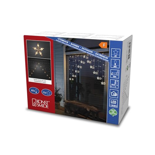 Konstsmide LED Curtain Fairy Lights/11 Clear Stars/85 Warm White Diodes/Outdoor or Indoor/Transparent Cable/Mains Powered/1.2m High x 1.4m Wide and 10m Lead