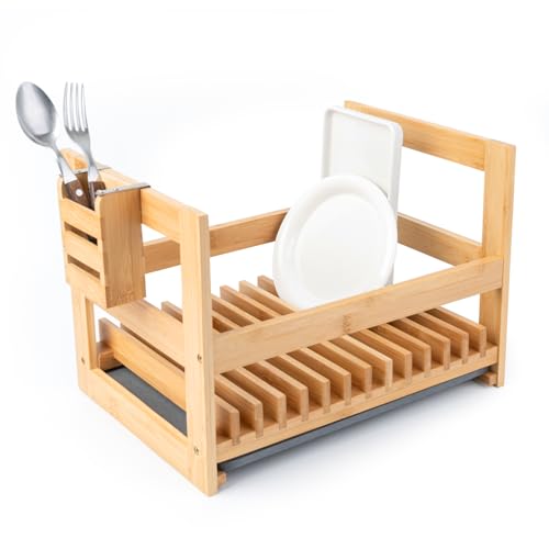 LINKLOOM Bamboo Dish Drying Rack with Utensil Holder, Stone Dish Drying Mat, Wooden Dish Drying Rack, Functional Kitchen Organizer, Dish Drainer