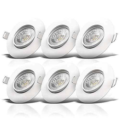 B.K.Licht Set of 6 LED recessed spotlights with 6X Built-in 5W LED modules, Ultra-Flat downlights, pivoting, Warm White Light, 460Lm, Ceiling Cut-Out Ø68mm/2.6in, no Transformer Required, 230V IP23