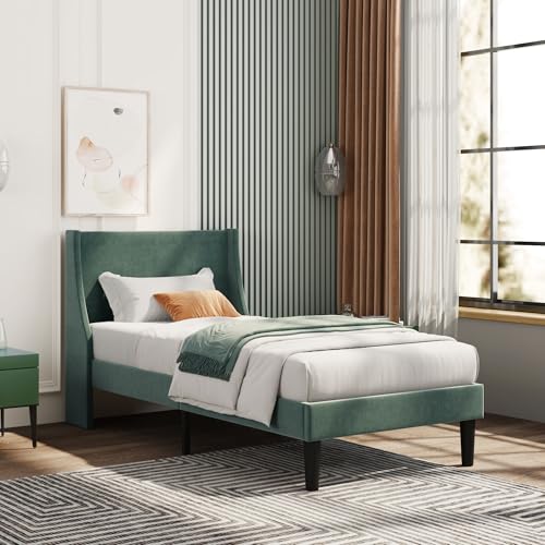 Ball & Cast Single Bed Frame, Upholstered Platform Bed with Broad and Thick Winged Headboard, Wood Slat Support, No Box Spring Needed, Linen, Dark Green, 90x190 ﻿