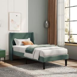 Ball & Cast Single Bed Frame, Upholstered Platform Bed with Broad and Thick Winged Headboard, Wood Slat Support, No Box Spring Needed, Linen, Dark Green, 90x190 ﻿