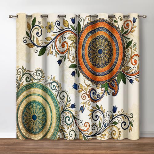 "Jekeno Boho Flower Blackout Curtains - Bohemian Mandala Floral Flowers Print Pattern Grommet Darkening Drapes Decor for Bedroom Living Room Apartment Privacy Window Treatments 2 Panels Set, 42""x84"""