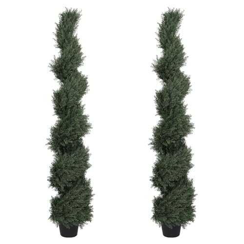 THE BLOOM TIMES 5ft Spiral Artificial Topiary Trees Set of 2, Faux Cedar Trees for Outdoor Planters - Fake Twist Cypress Plants for Garden Front Porch Indoor Outside Decor 5 Foot
