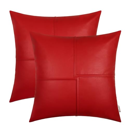 BRAWARM Faux Leather Throw Pillow Covers 22 X 22 Inches, Christmas Red Leather Pillow Covers Pack of 2, Hand Stitched Leather Decorative Throw Pillows for Couch Sofa Bed Living Room Home Garden