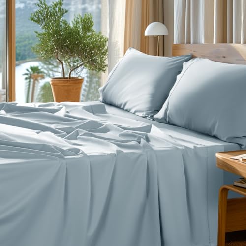 "SONORO KATE 1000 Series 100% Egyptian Cotton Queen Sheet Set,4 Pieces - Soft,Breathable Long Staple,Sateen Weave,Luxury 5-Star Hotel Bed Sheets,16"" Deep Pocket,Light Blue"