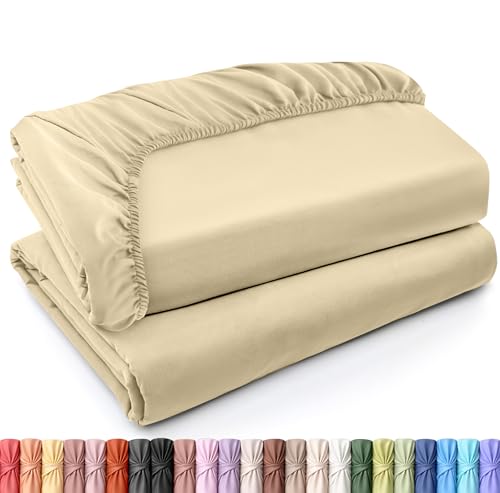 Utopia Bedding Set of 2 Fitted Sheet - Twin - Beige - Deep Pocket - Brushed Microfiber (180 Bed)