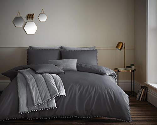 Gaveno Cavailia Pompon Design King Duvet Set Pom Charcoal, Luxury Ornamental Round Tuft Bedding, 3 Piece Cotton Blend Bedlinen, Easy Care DuvetCover Bedset, 1 Quilt Cover and 2 Pillow Cases