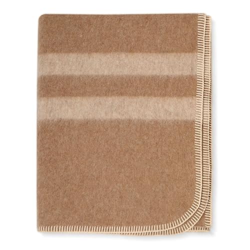 Thick Alpaca Wool Blanket Heavyweight for Camping or Indoors - Soft Peruvian Alpaca Wool Blankets (Desert Sand - Beige Stripes, Travel Size)