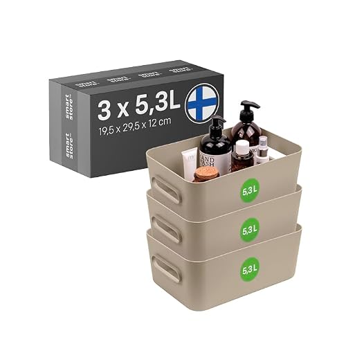 SmartStore Storage Boxes 3x 5.3L small beige - 29.5x19.5x12cm - Plastic organiser basket with handles from 95 % recycled material, box and containers for cupboard, drawers and shelves