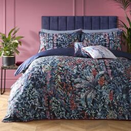 SOIREE - Blue Tropical Leaf & Fern Duvet Cover - Double Bedding Size (200 x 200cm) - Reversible Designs - 100% Cotton - 2x Pillowcases Included - Luxury Bedding - Navy with Floral & Leaves