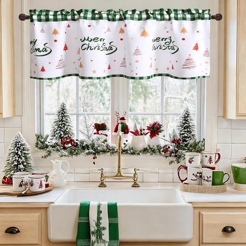 DWCN Christmas Valance for Windows, Green Christmas Tree Rod Pocket Window Valance Curtains for Windows Living Room/Basement 42 x 18 inch Long,1 Panel