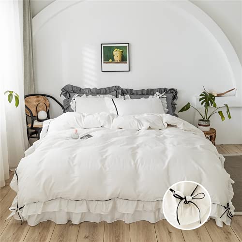 SOUKACH Ruffled Bedding Bow Duvet Cover Set with Butterfly Tie Soft Brushed Microfiber Shabby Chic Bedding Set with Zipper Closure