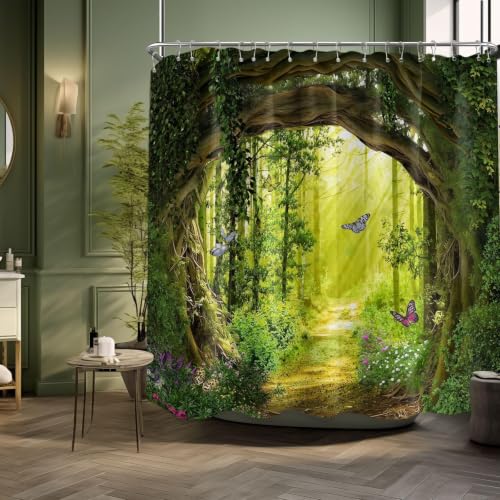 QGHOT Extra Wide Shower Curtain for Clawfoot Tub, 108x72 Inch, Spring Forest Nature Green Pattern Bathroom Decor, Waterproof Cloth Fabric with Hooks