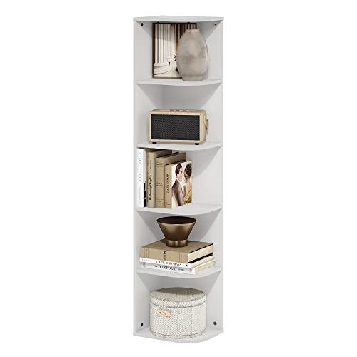 Furinno PASIR Book Shelf, 5-Tier Corner Bookshelf, Open Shelves Bookcase 9.3 x 12 x 51.7, for Living Room, Bedroom, Home Office, White