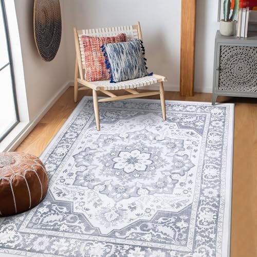 SHACOS Washable Area Rug, Large Boho Living Room Area Rugs, Soft Vintage Bedroom Rug Carpet, Non Slip Low-Pile Distressed Accent Rug for Dining Room Entryway Dorm, Light Grey, 160 x 220 cm