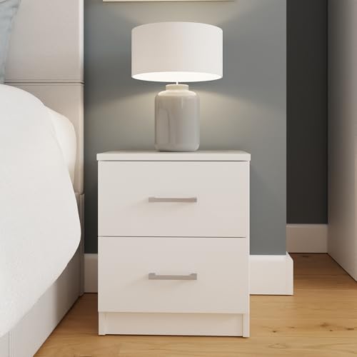 Bailey 2 Drawer Bedside Table White Modern Minimalist Nightstand Cabinet, Bedroom Storage Bedside Unit with Spacious Drawers