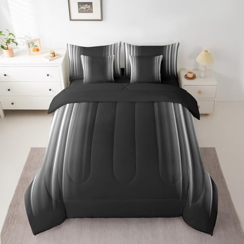 Feelyou Geometric Abstract Ombre 7 Piece Bedding Set Men Adults Teens Grey Gray and Black Striped Comforter Set with Sheets Kids Boys Girls Simple Modern Bed in a Bag Bedding King