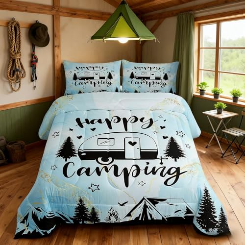 Happy Camping Camper Kids Comforter Set Queen Size,Star Pine Tree Mountain Bedding Set,Girls Boys Room Decor,Rustic Farmhouse Cabin Quilt Comforter,Blue Country Duvet Insert,2 Pillowcases