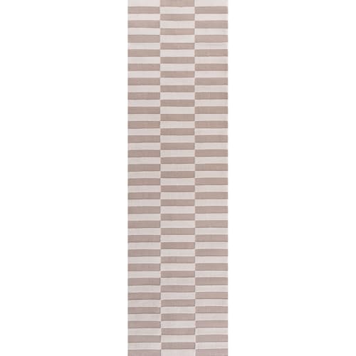 THE RUGS Living Room Rug, Loft Collection – Modern Textured 14mm Soft Pile Area Carpet, Non-Shedding & Easy Care [ Block Stripe Beige, 80x300 cm]