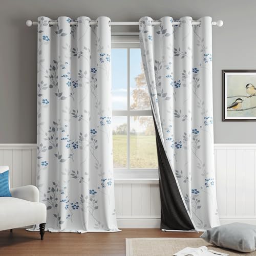 Beauoop Floral 100% Blackout Curtains for Bedroom Blue Grey 52X108 2 Panels - Flower Patterned Blue White Room Darkening Drapes for Living Room Thermal Insulated Soundproof Window treatment Grommet