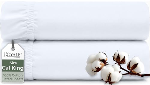 "Royale Linens 100% Organic Cotton 2 Pack Fitted Sheet-Percale Weave-Super Soft Deep Pocket Bottom Sheets -White Elastic Sheet King Cal Size - California King Fitted Sheets Only - (72""x84""+15"", White)"