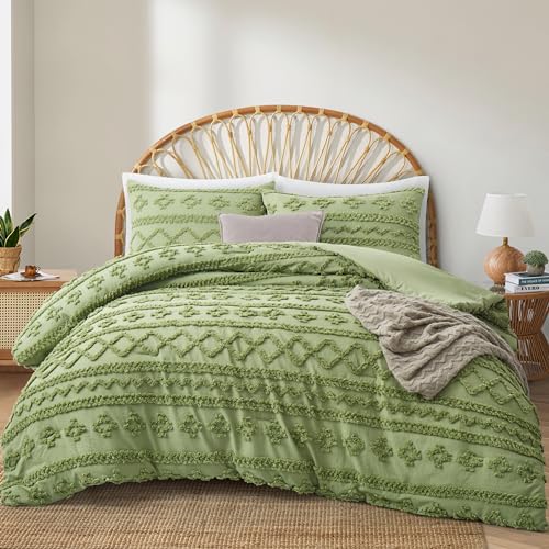 Oli Anderson Queen Comforter Set, Tufted Boho Bedding Sets - 3 Pieces All Season, Fluffy and Breathable, 2 Pillowcases, Sage Green