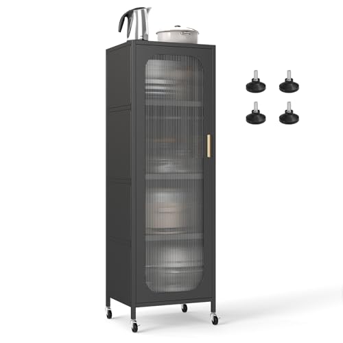 FANTASK Kitchen Shelf with 5 Tiers, Display Cabinet on Wheels with Adjustable Shelves, Slim Multi-Purpose Cabinet with Semi-Transparent Door, Metal Highboard for Dining Room, Bathroom and Living Room