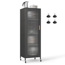FANTASK Kitchen Shelf with 5 Tiers, Display Cabinet on Wheels with Adjustable Shelves, Slim Multi-Purpose Cabinet with Semi-Transparent Door, Metal Highboard for Dining Room, Bathroom and Living Room