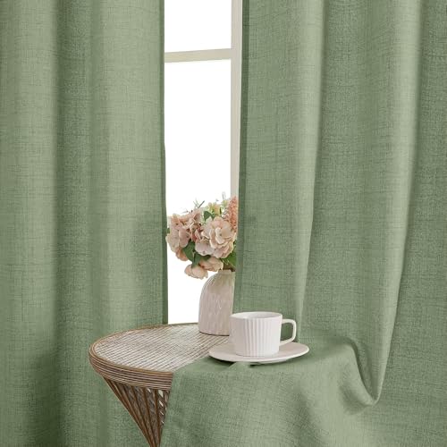 OVZME Green Curtains 63 Inch Length 2 Panels Set, Farmhouse Light Filtering Faux Linen Curtains for Living Room Bedroom, Rod Pocket Soft Thick Textured Window Drapes, 2x42Wx63L Inches