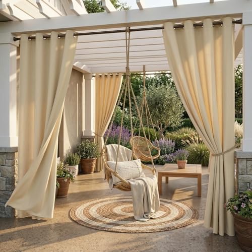 StangH Outdoor Beige Curtains Waterproof - Thermal Insulated Blackout Patio Outdoor Curtains with Grommet Top for Garden Lawn Balcony, Cream Beige, W52 x L108, 1 Panel