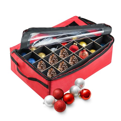 TINY TIM TOTES Ornament Storage Box - Zippered Lid Organizer with 48 Individual Compartments and Dividers for Christmas Bulbs and Decorations (Red)