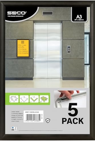 Stewart Superior A3 Aluminium 4 Sided 25mm Front Loading Picture/Poster Snap Frame - Black (Pack of 5)