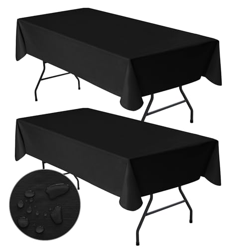 Black Vinyl Tablecloth With Flannel Backing for Outdoor Picnic 60x102 In - Table Covers For 6 Foot Rectangle Tables, Waterproof & Spillproof For Outdoor, Camping, Picnic, Parties 2 Pcs