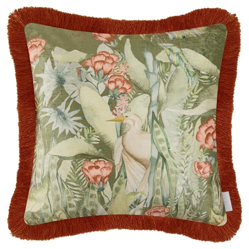 Voyage Maison Mangrove Feather Filled Cushion – Jungle Watercolour Printed Velvet Wildlife Botanical Fringed Trim Decor (Moss - 50x50cm)