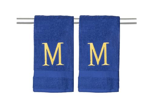 Navy with Gold Monogrammed Hand Towels for Bathroom - Set of 2 Letter M - Luxury Hotel Quality Initial Towels For Powder Room, Spa, GOTS Organic Certified