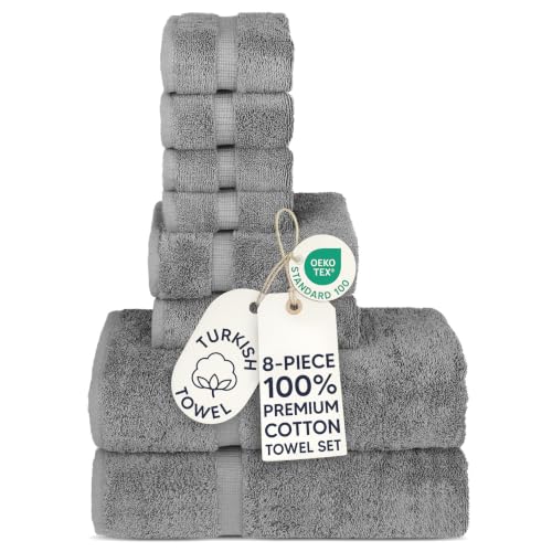 Chakir Turkish Linens - Hotel & Spa Quality 100% Cotton Premium Turkish Towels - Soft & Absorbent (8-Piece Towel Sets, Gray)