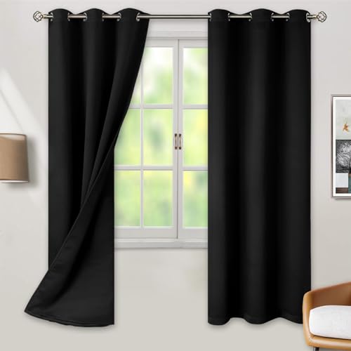 BGment Thermal Insulated 100% Blackout Window Curtains for Bedroom with Black Liner, Double Layer Full Room Darkening Noise Reducing Grommet Curtain (42 x 72 Inch, Black, 2 Panels)