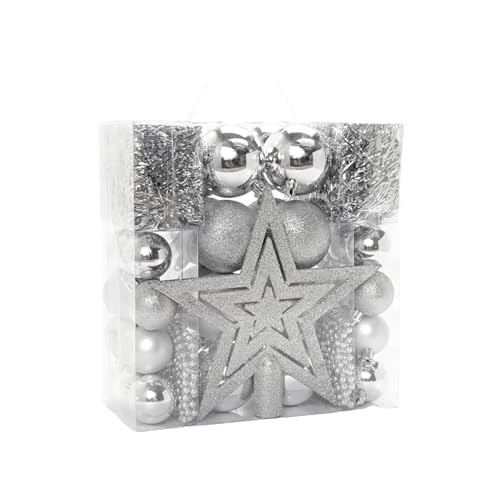 HEITMANN DECO Christmas Tree Decoration, Silver, 45 Pieces, set including tree topper, balls, pearl chains and garlands - plastic