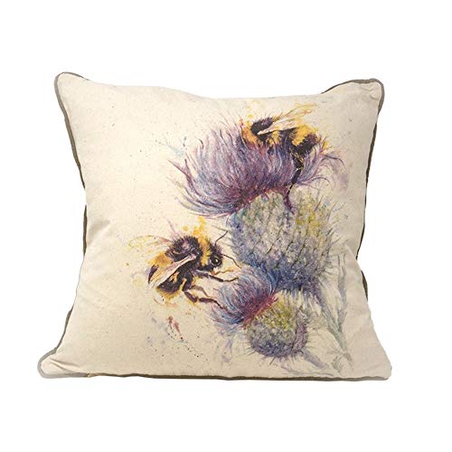 ‎Jane Bannon Square Cushion 100% Cotton with Duck Feather Pad (Bees on Thistle Design) 40cm x 40cm x 11cm - Official Merchandise