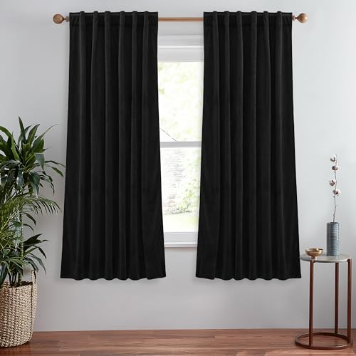 StangH Black Velvet Curtains 63 inches Long Blackout Curtains Privacy Assured Heat & Cold Blocking for Bedroom, Soft Back Tab Drapes Luxury Decor for Small Window/Kitchen, W52 x L63, 2 Panels