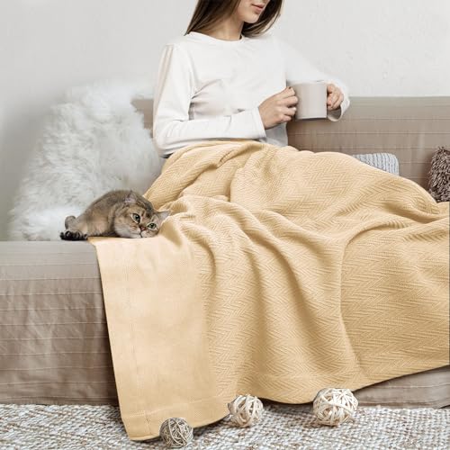 THREAD SPREAD Organic GOTS Cotton Blanket, Full/Queen - 350 GSM, Antistatic, Fuzzy Soft, Lightweight, Sofa, Camping & Travel, Perfect Herringbone All Seasons Throw, Beige + Trendy Tote Bag