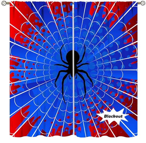 DDCBNS Superhero Spider Web Curtains,Blue Red Window Treatments for Kids Boy Bedroom Office Study Halloween Theme Spider Print Polyester Fabric Window Drapes 2 Panel Set Total Size 42 x 45 Inch