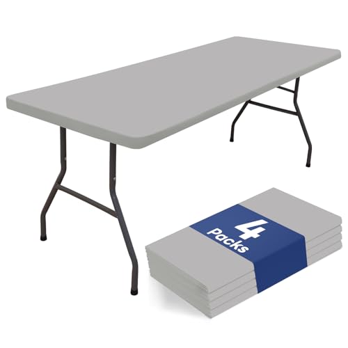 "Homing 4 Packs 4 Foot Rectangle Table Cloth, Waterproof Polyester Elastic Fitted Tablecloth, Washable Table Cover for Picnic, Camping, Outdoor (Light Grey, 30"" x 48"")"