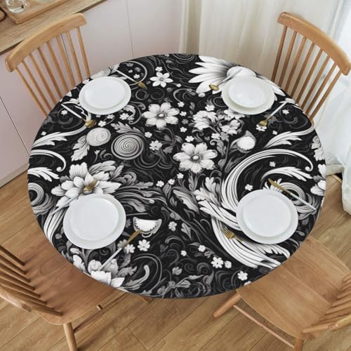 "BOXIMIAO Black and White Flower Sketch Round Tablecloth with Elastic Edge Table Cover Waterproof Reusable Table Cloth for Holiday Kitchen Party Patio,M(45""-50"")"