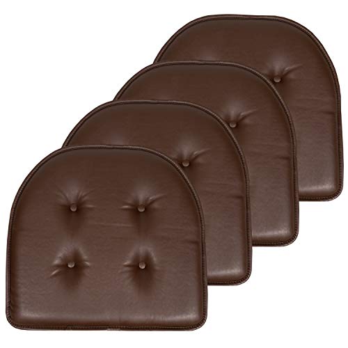 "Sweet Home Collection Chair Cushion Memory Foam Pads Tufted Slip Non Skid Rubber Back U-Shaped 17"" x 16"" Seat Cover, Faux Leather Chocolate Brown 4 Count"