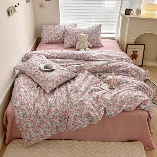 "Duvet Cover Queen Pink Floral Bedding Set - Shabby Chic Boho Cotton Duvet Cover Set Queen Size - Breathable Comforter Cover with Zipper Ties,3 Piece Bed Set(1 Duvet Cover 90""x90"" and 2 Pillow Shams)"