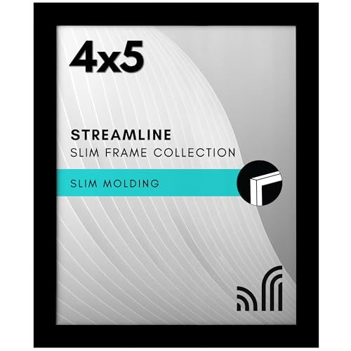 Americanflat 4x5 Picture Frame with Shatter-Resistant Glass - Streamline Collection - Thin Border Photo Frame for Tabletop and Wall Display - Hanging Hardware and Easel Stand Included - Black