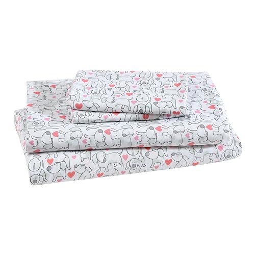 "Beatrice Home Fashions Printed Microfiber Sheet Set, Soft Comfortable Easy Care, Includes 1 Fitted Sheet with 12"" Deep Pockets, 1 Flat Sheet, Pillowcase, King, Hearts & Hounds"