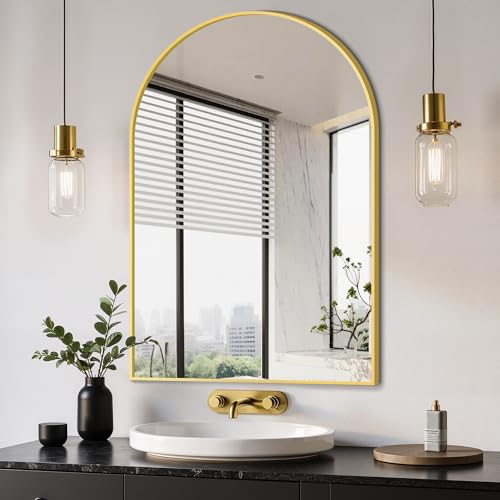 "Delma Arched Bathroom Mirror, 24""x36"" Wall Mounted Vanity Mirror for Bedroom, Living Room and Entryway, Gold"